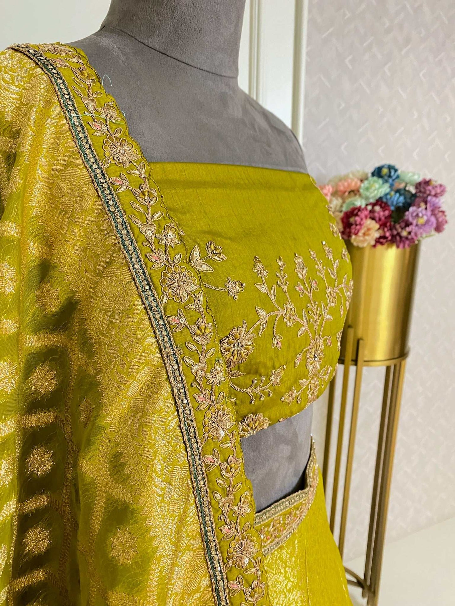 Olive green Silk lehenga