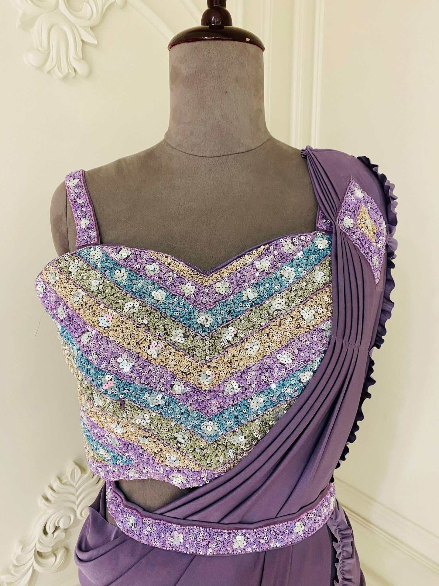 Lavender Dreams: Ready-to-Wear Saree with Intricate Embroidery