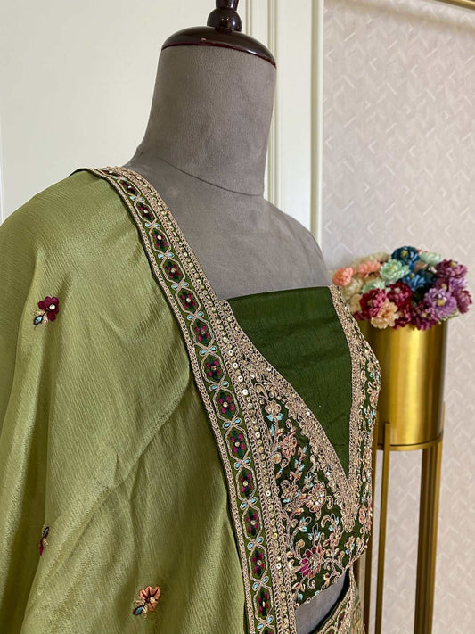 Olive Green Soft Silk Lehenga