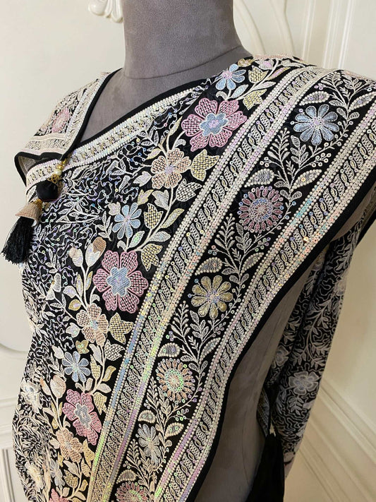 Black Over All Thread Work Saree