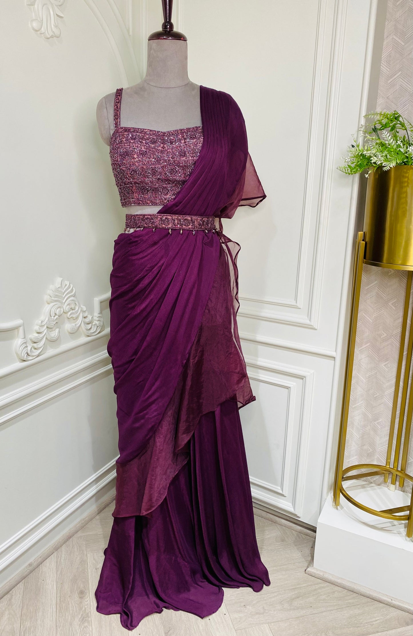 dark purple chinnon crepe ready to wear saree
