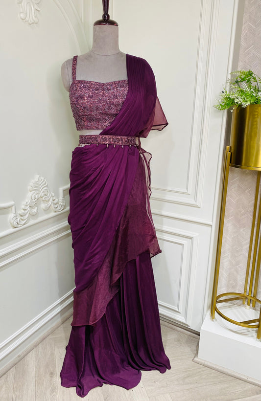 dark purple chinnon crepe ready to wear saree