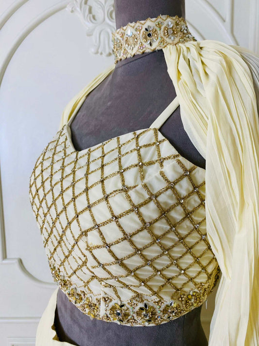 Ivory Sharara Set with Choker cape