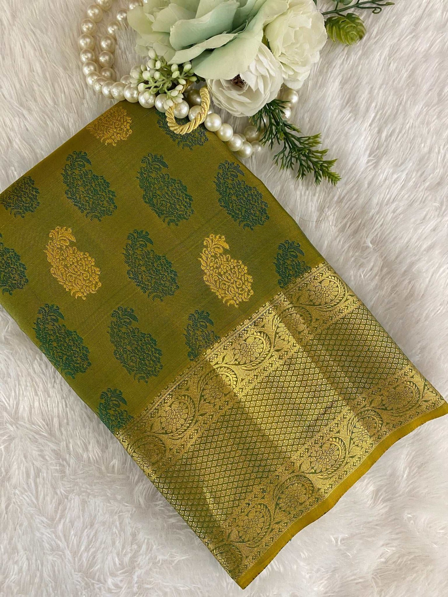 olive gren Zariwork Pure Silk Saree