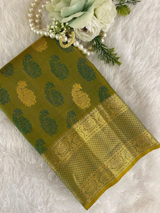 olive gren Zariwork Pure Silk Saree