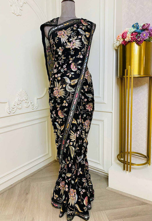 Black Thread Embroidered Saree