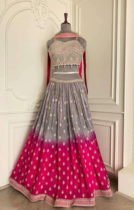 “Sophisticated Pure Grey Lehenga Set with Delicate Detailing”