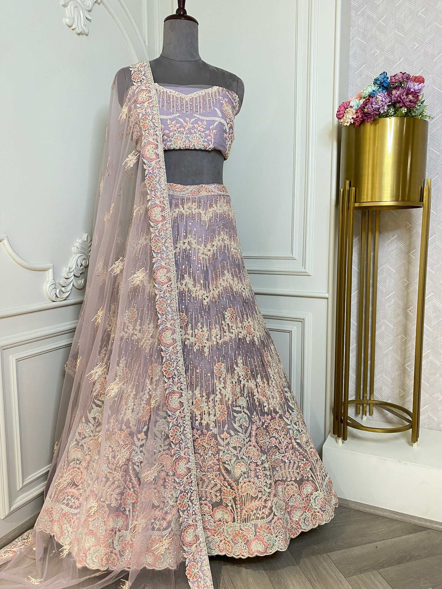 levendar Threadwork Net Semi Stitched Lehenga