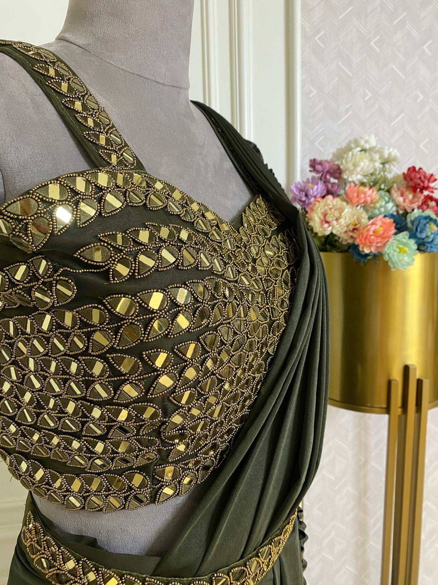 Olive Green Crepe Drape Saree