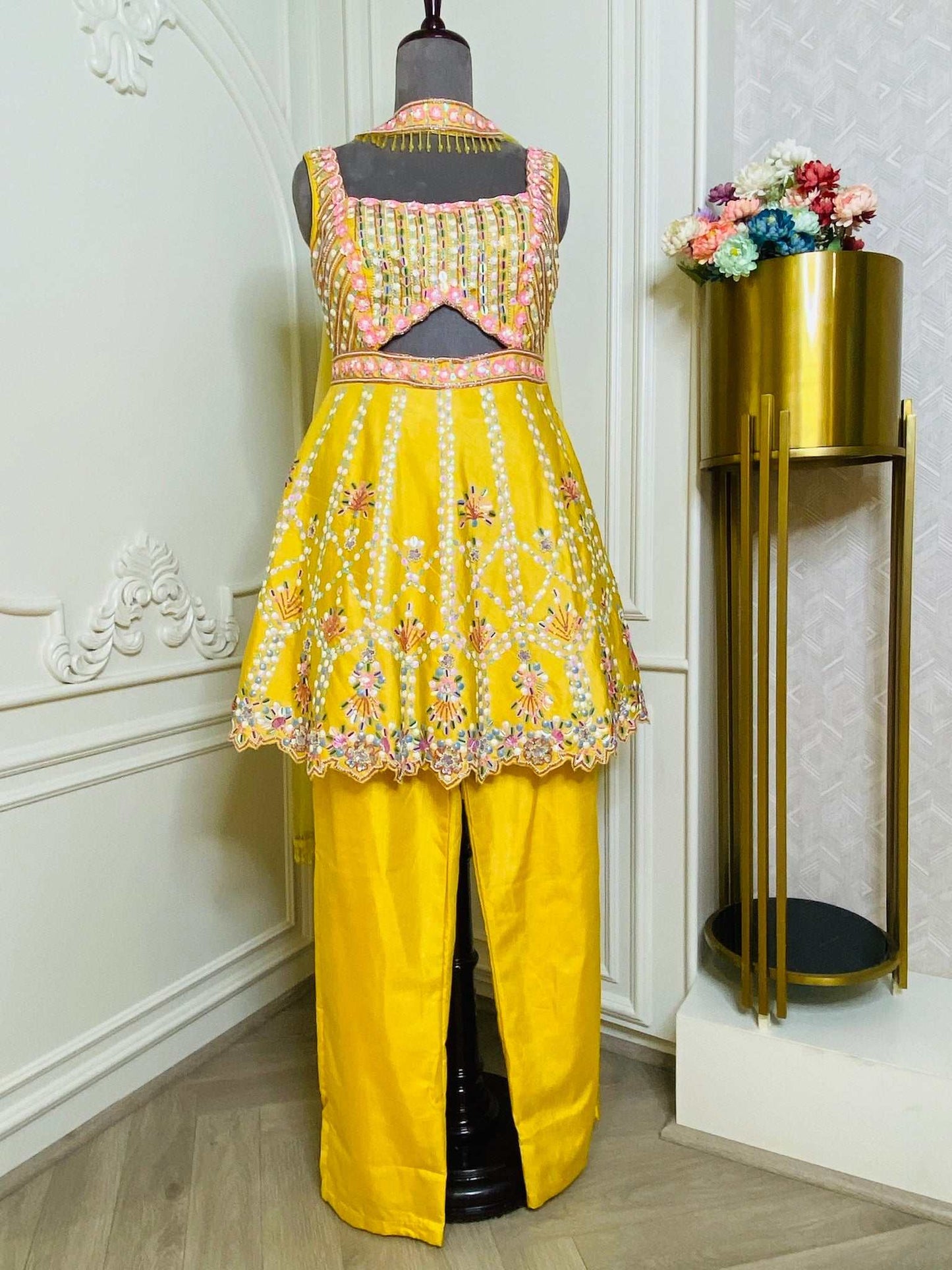 Misted Yellow Short Peplum Dress With Divider in Yellow