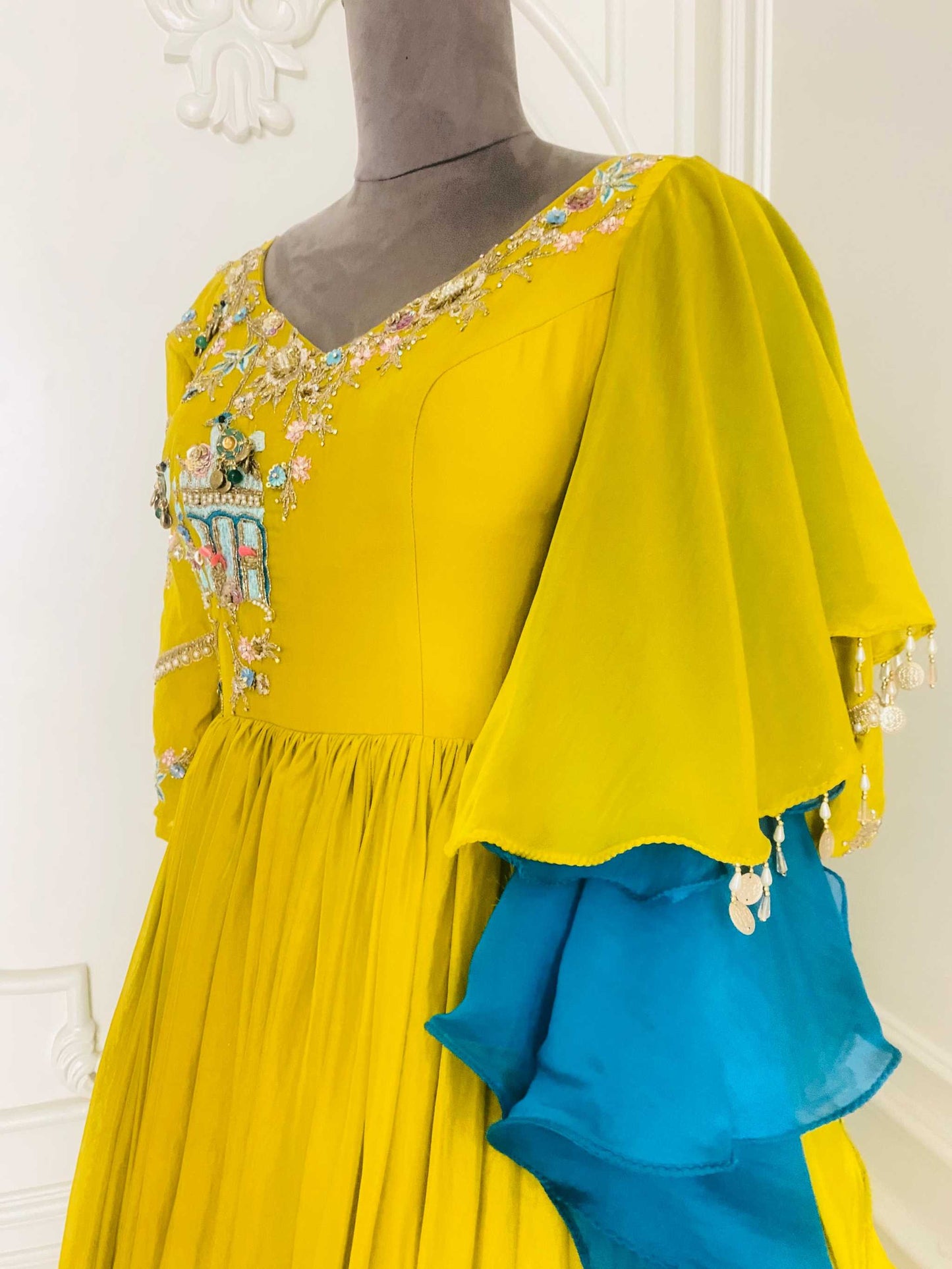 Charming gown with attached duptta in sun shine yellow color