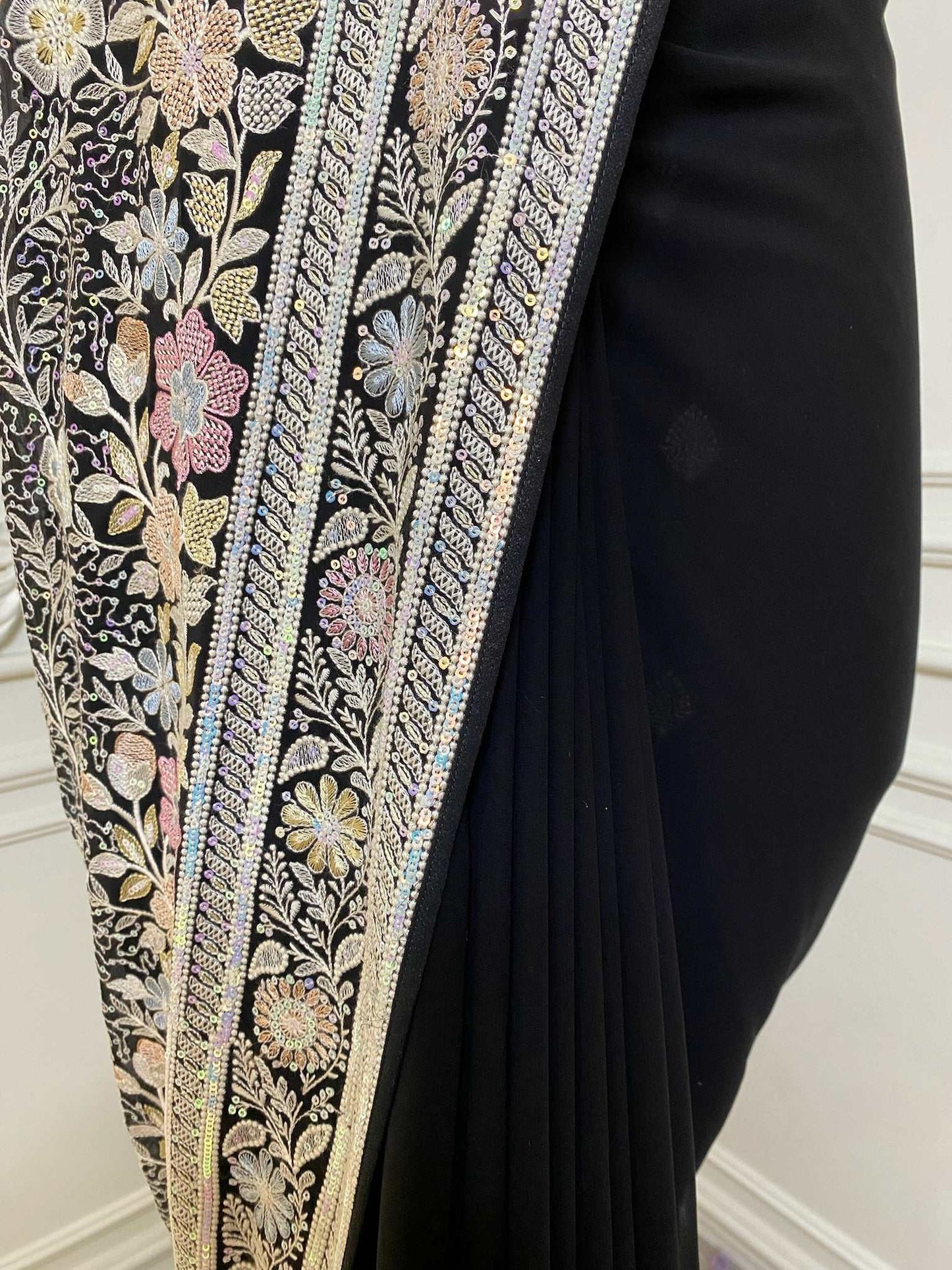 Black Over All Thread Work Saree