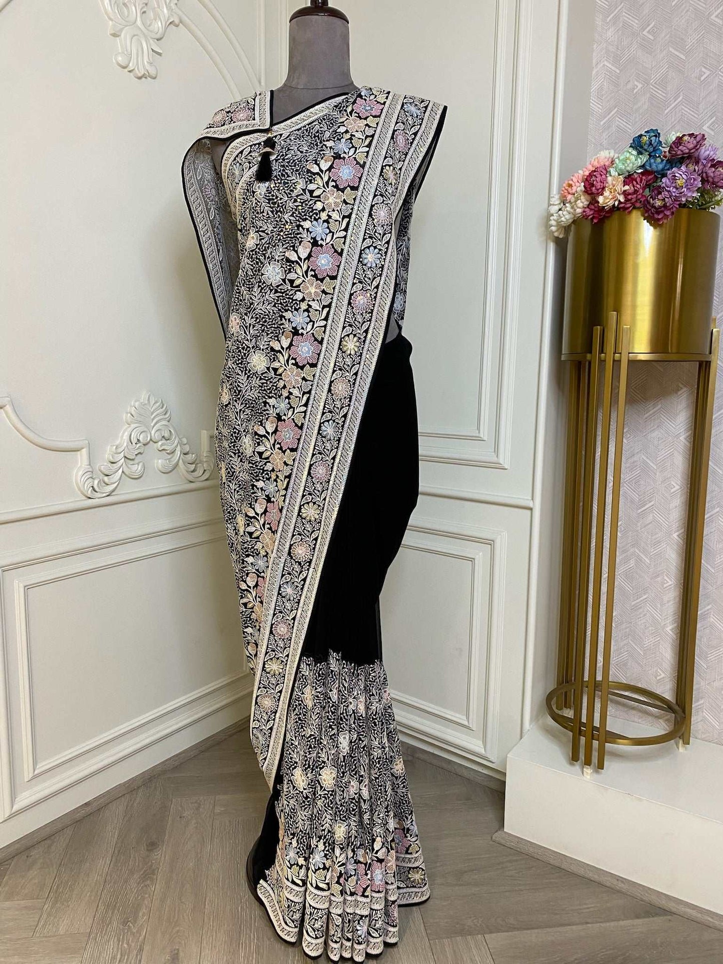 Black Over All Thread Work Saree