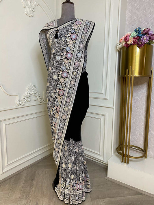 Black Over All Thread Work Saree