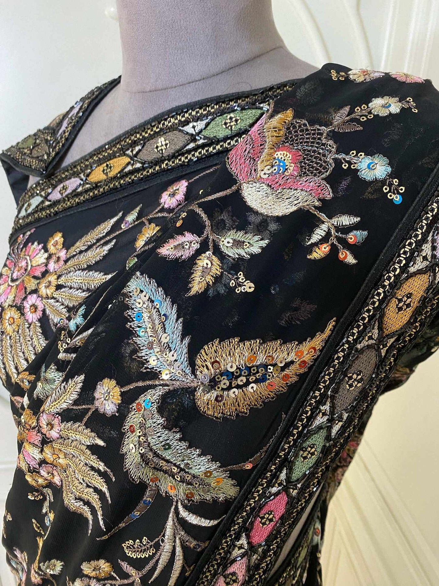 Black Thread Embroidered Saree