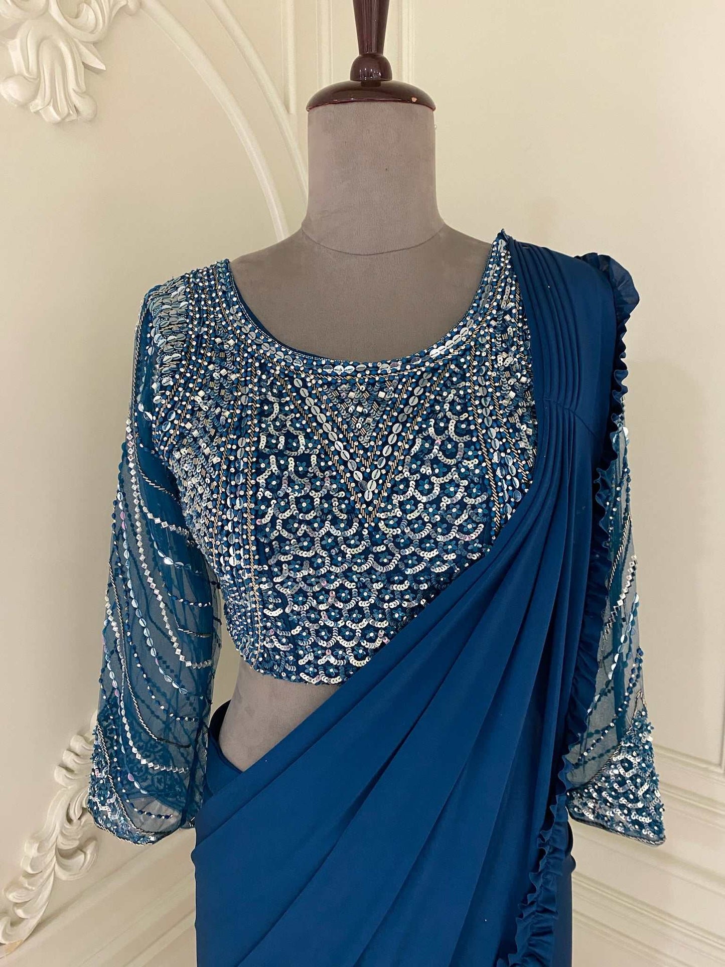 Teal Lycra Ready Wear Saree