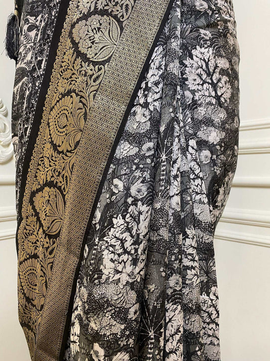 Printed Black And White Saree