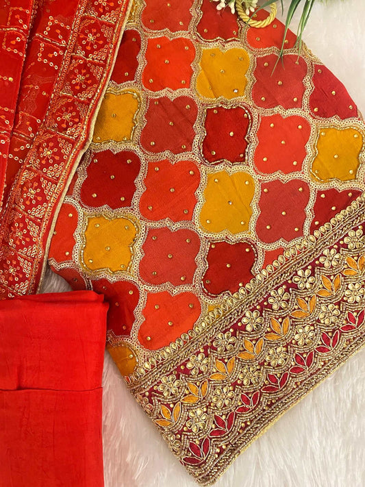 Suits Rani Pink Stonework Semi Crepe Unstitched Salwar Suit