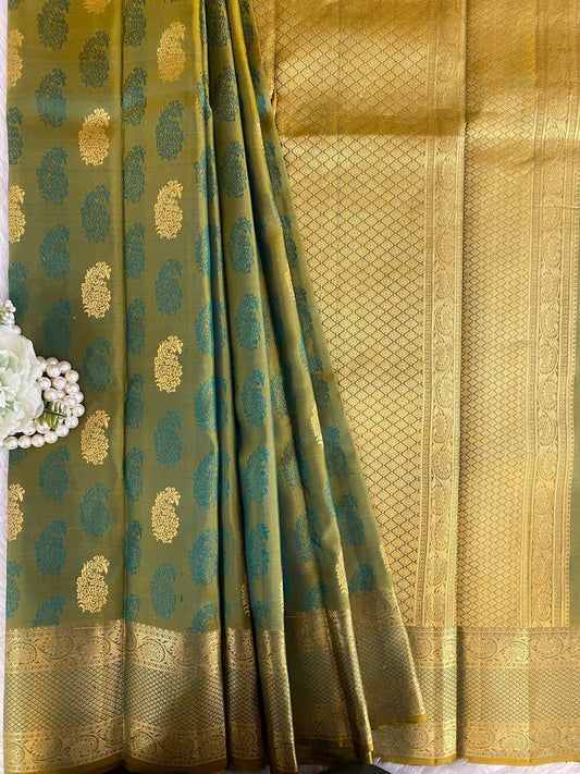 olive gren Zariwork Pure Silk Saree