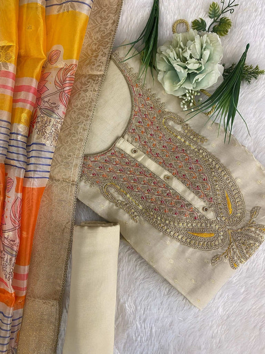 Gold Sequins Chanderi Unstitched Salwar Suit