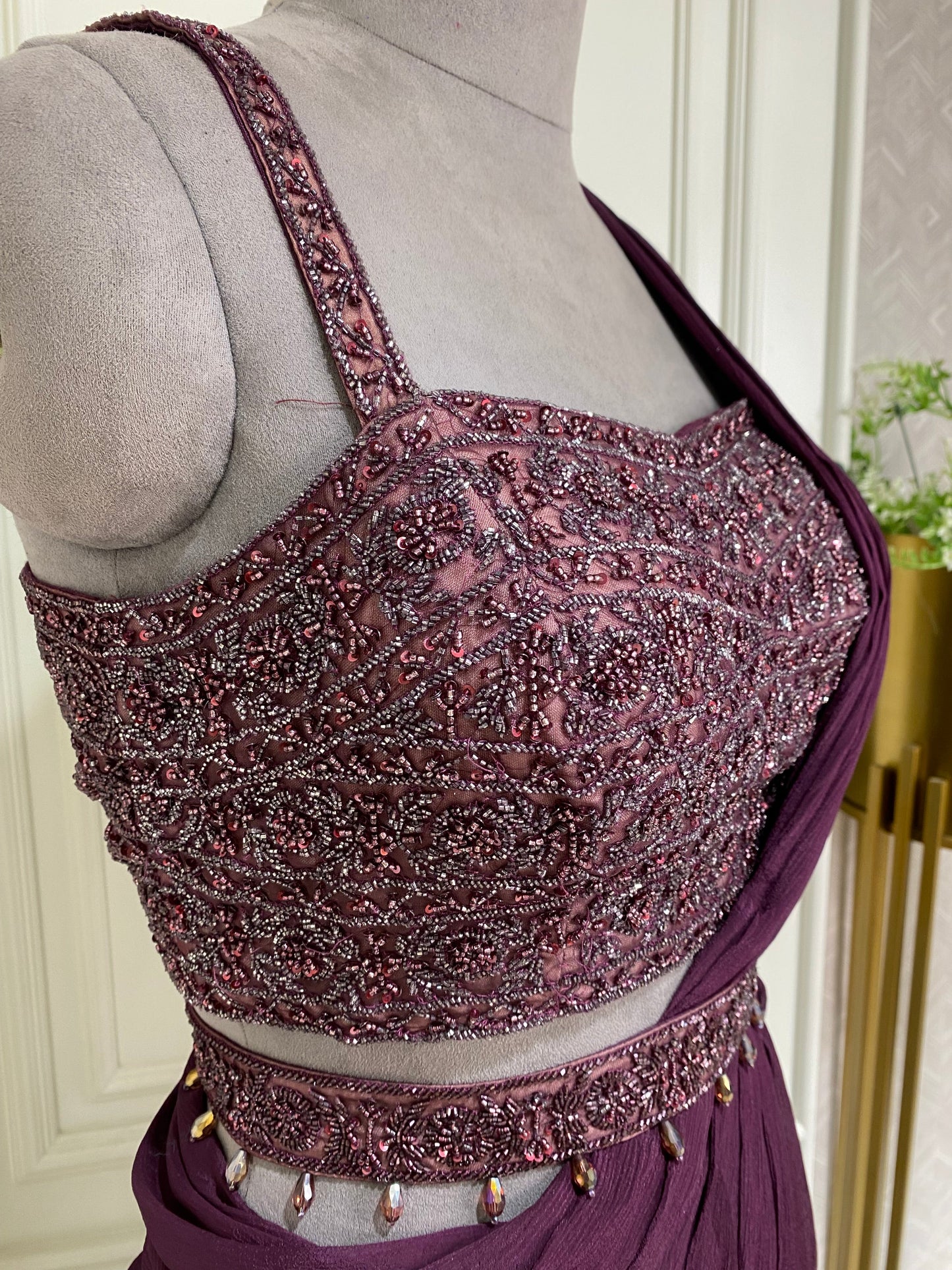 dark purple chinnon crepe ready to wear saree