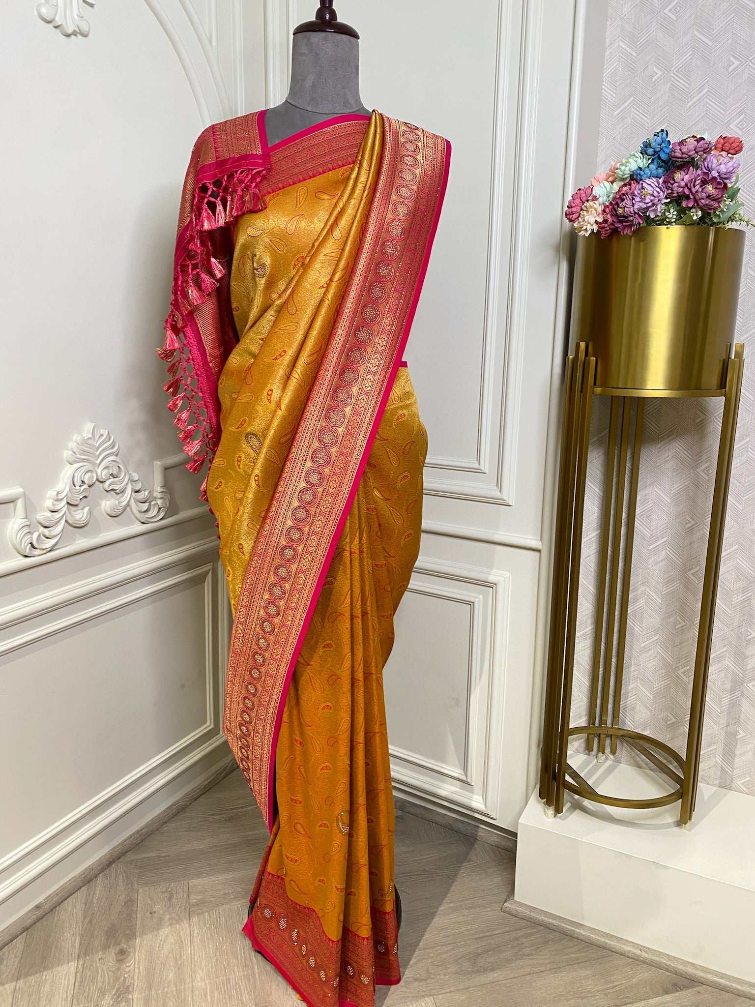 mustard pink saree with contrast border