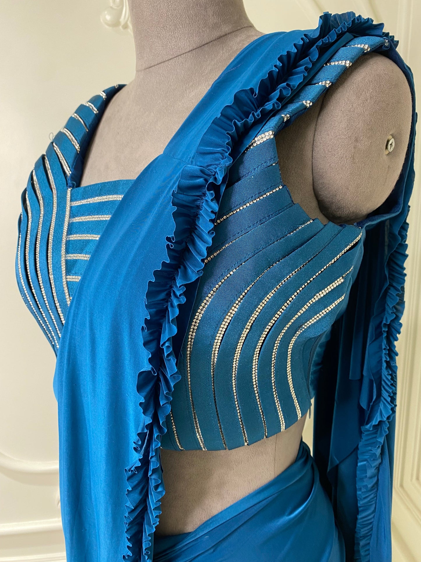 Lycra Teal blue Ready To Wear Saree