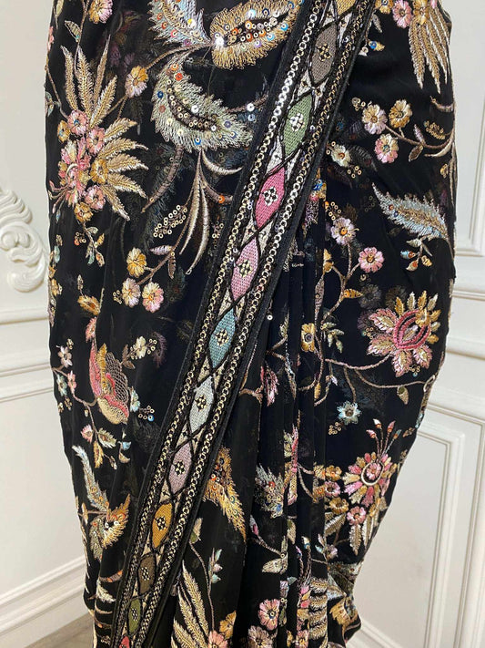 Black Thread Embroidered Saree