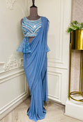 light sky blue pre stiched saree