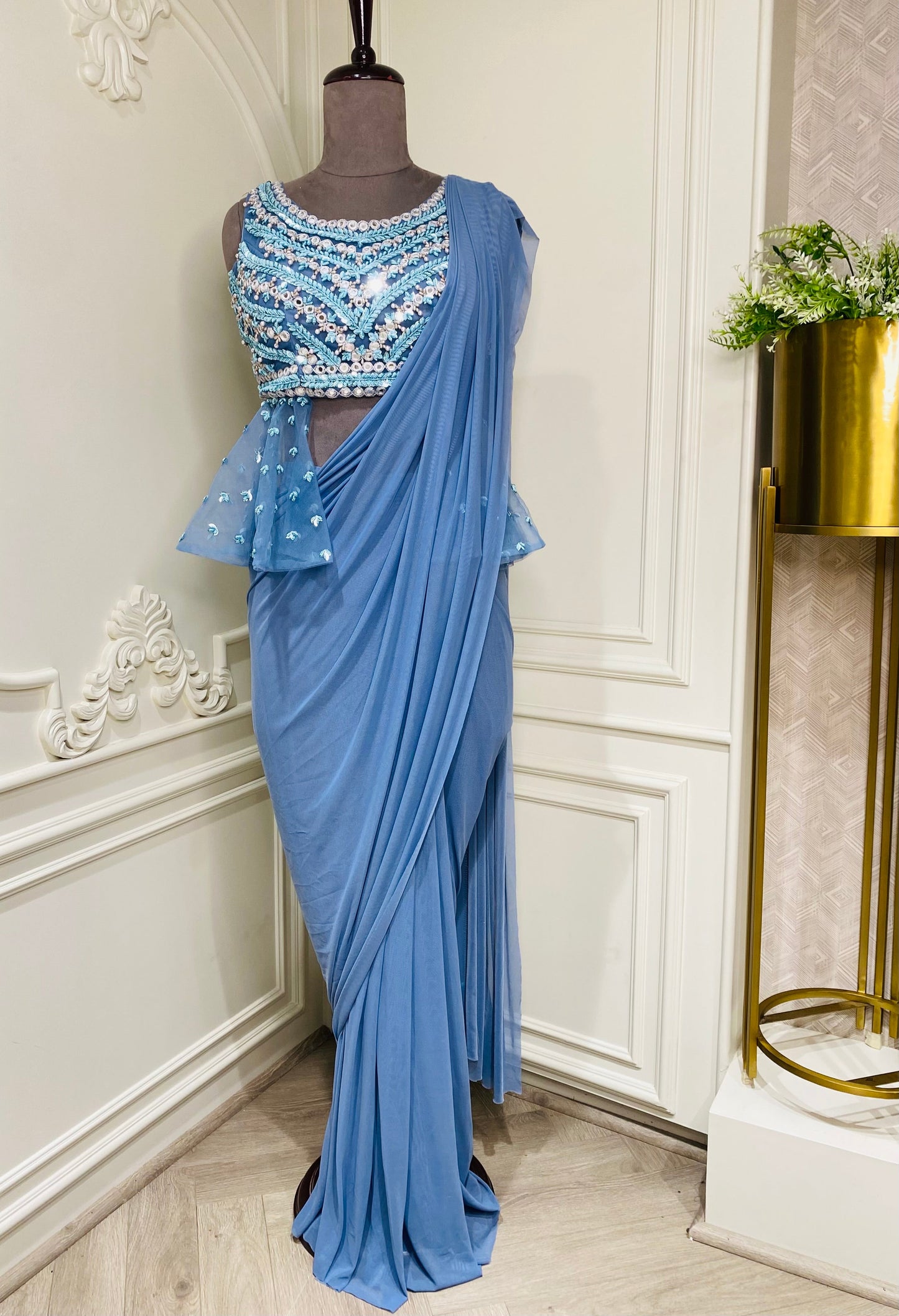 light sky blue pre stiched saree