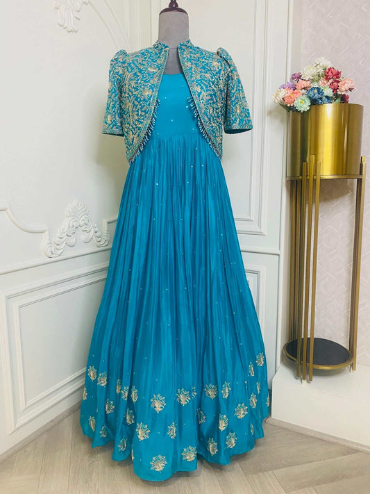 Ferozi Short Jacket Dress With Kashmiri Style  Embroidery
