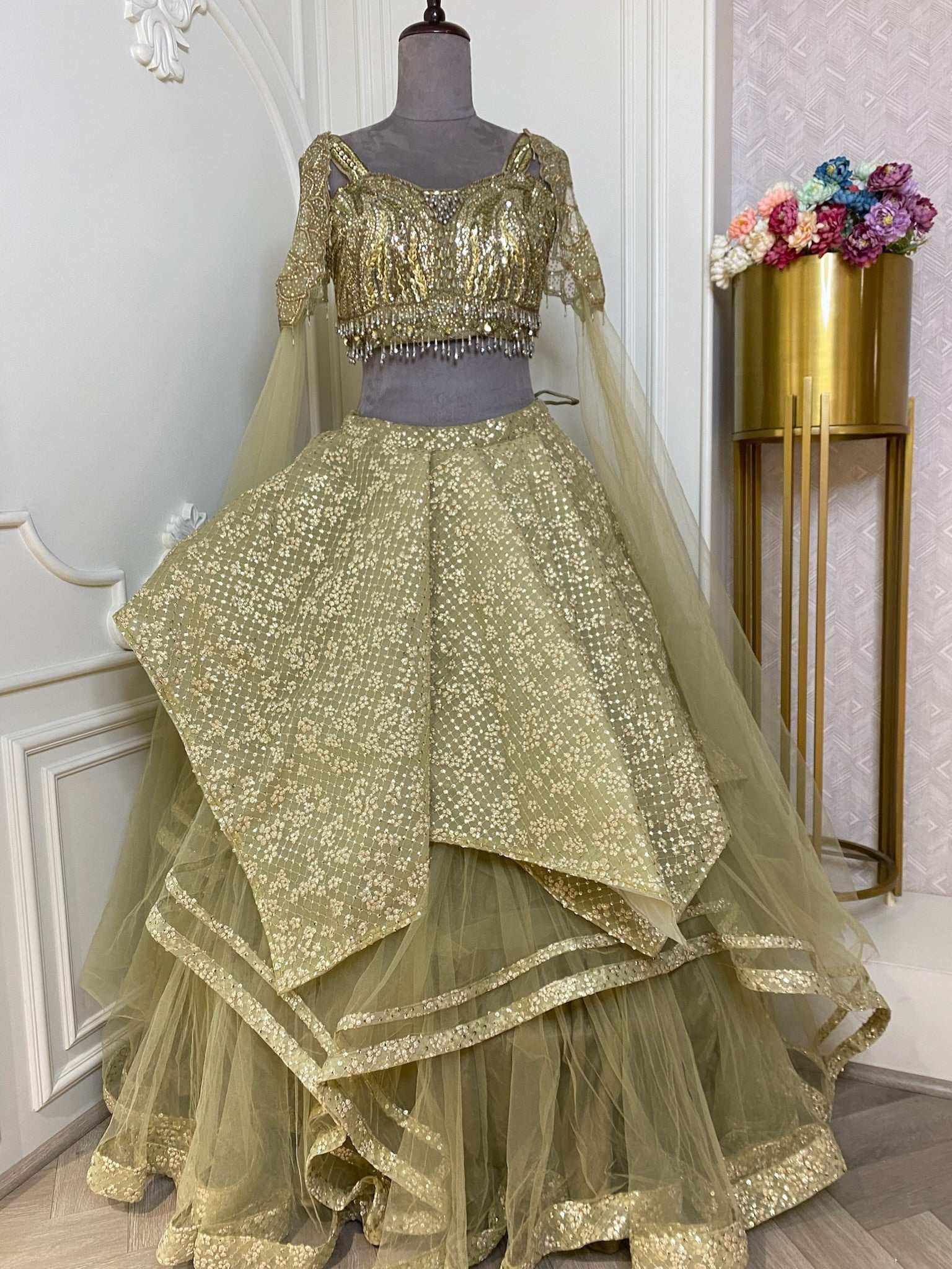 Olive Green Heavy Flare Dress - Exquisite Handwork Blouse | Mamta spree