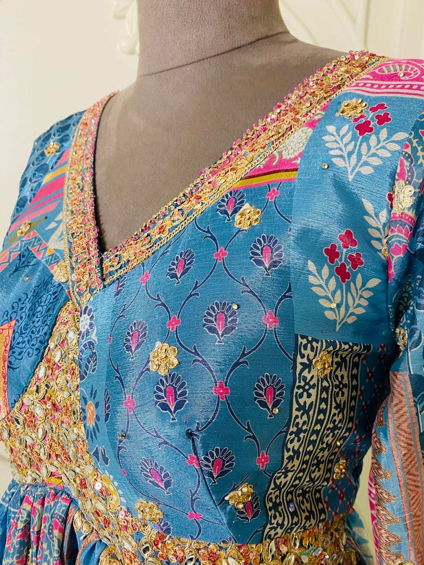 Blue Choli cut Floral Print Gown