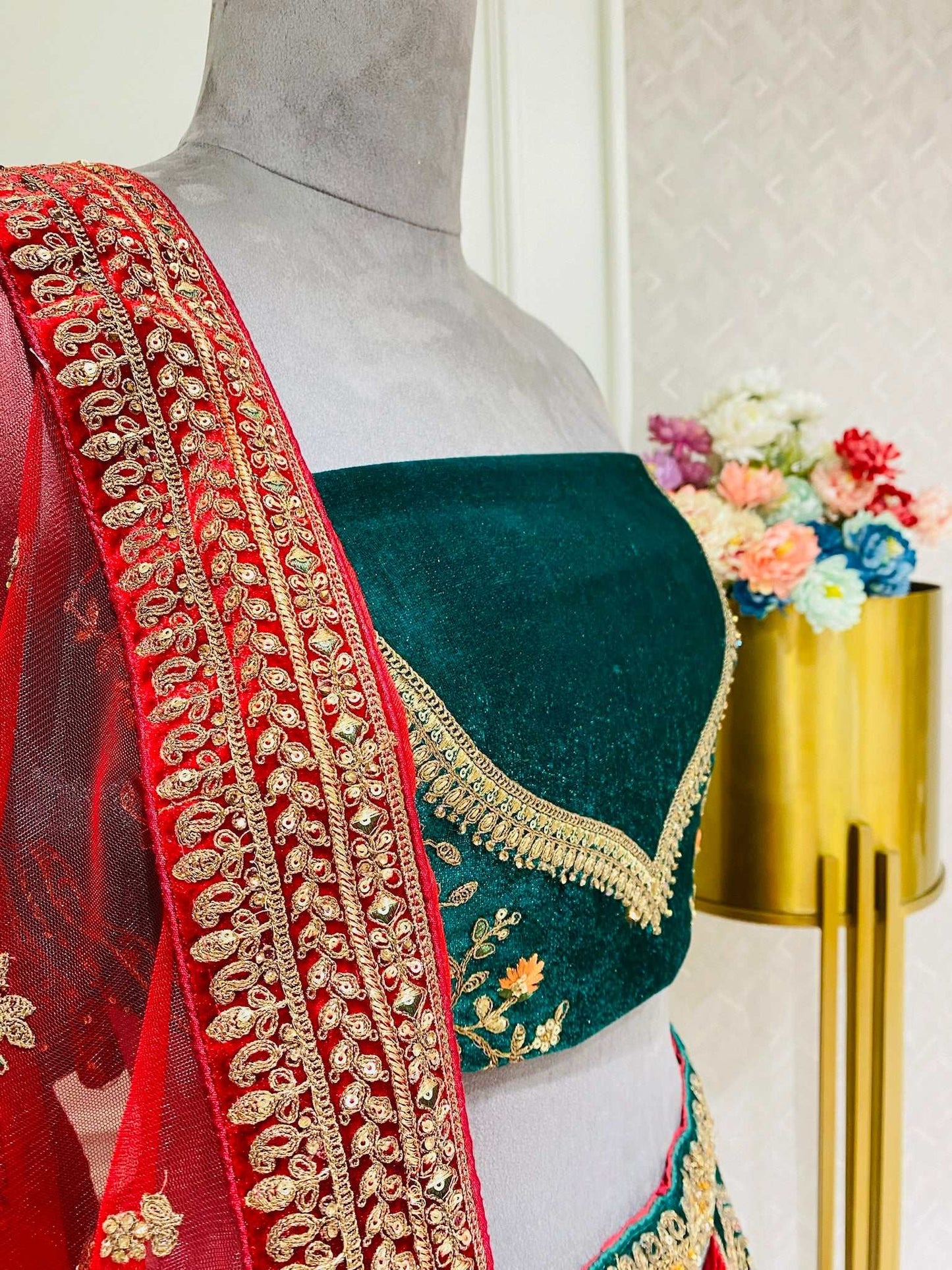 Green Red Zari Work Bridal Lehanga