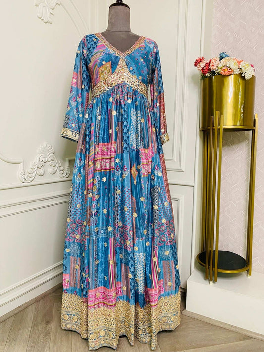 Blue Choli cut Floral Print Gown