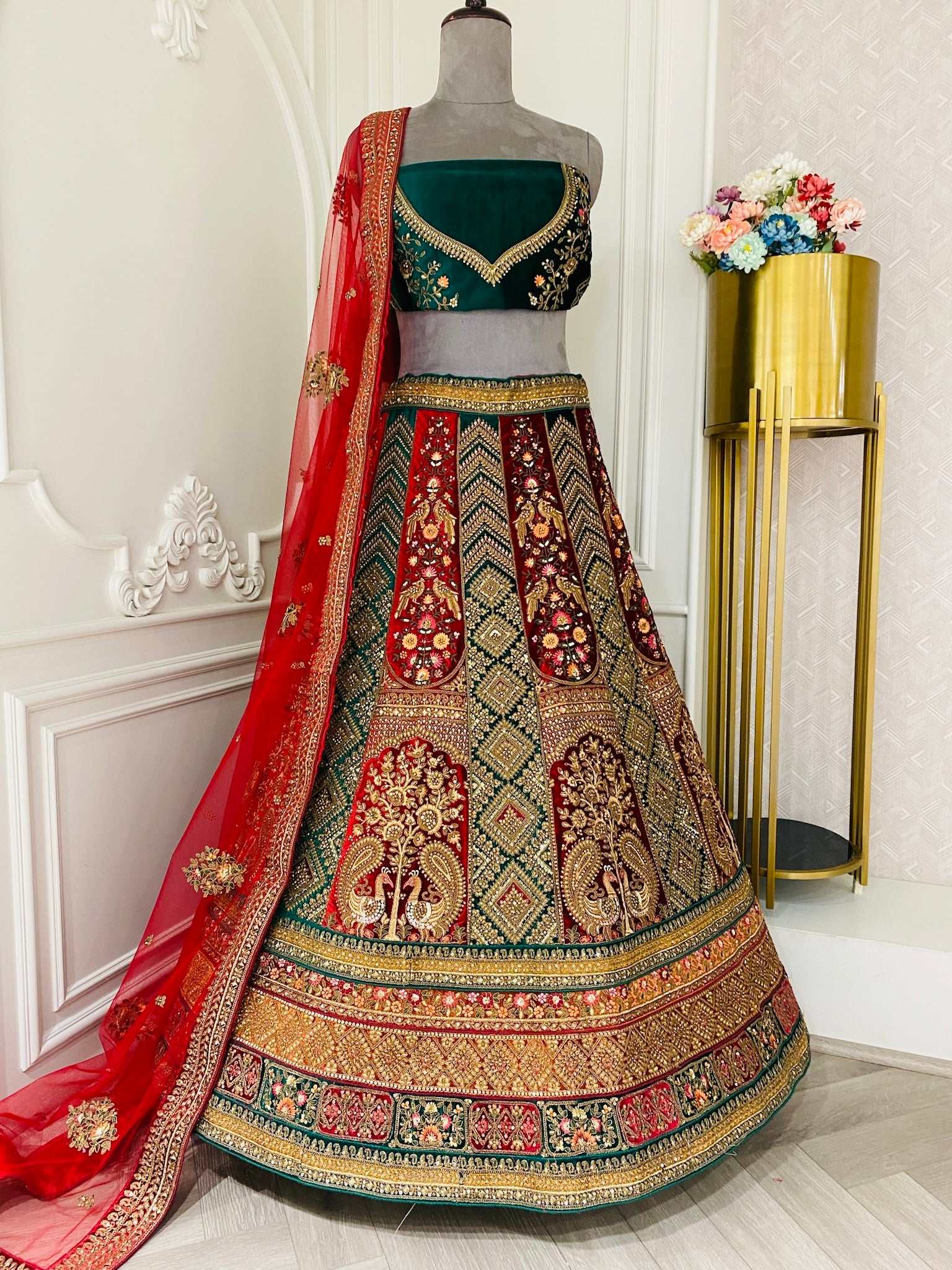 Green Red Zari Work Bridal Lehanga