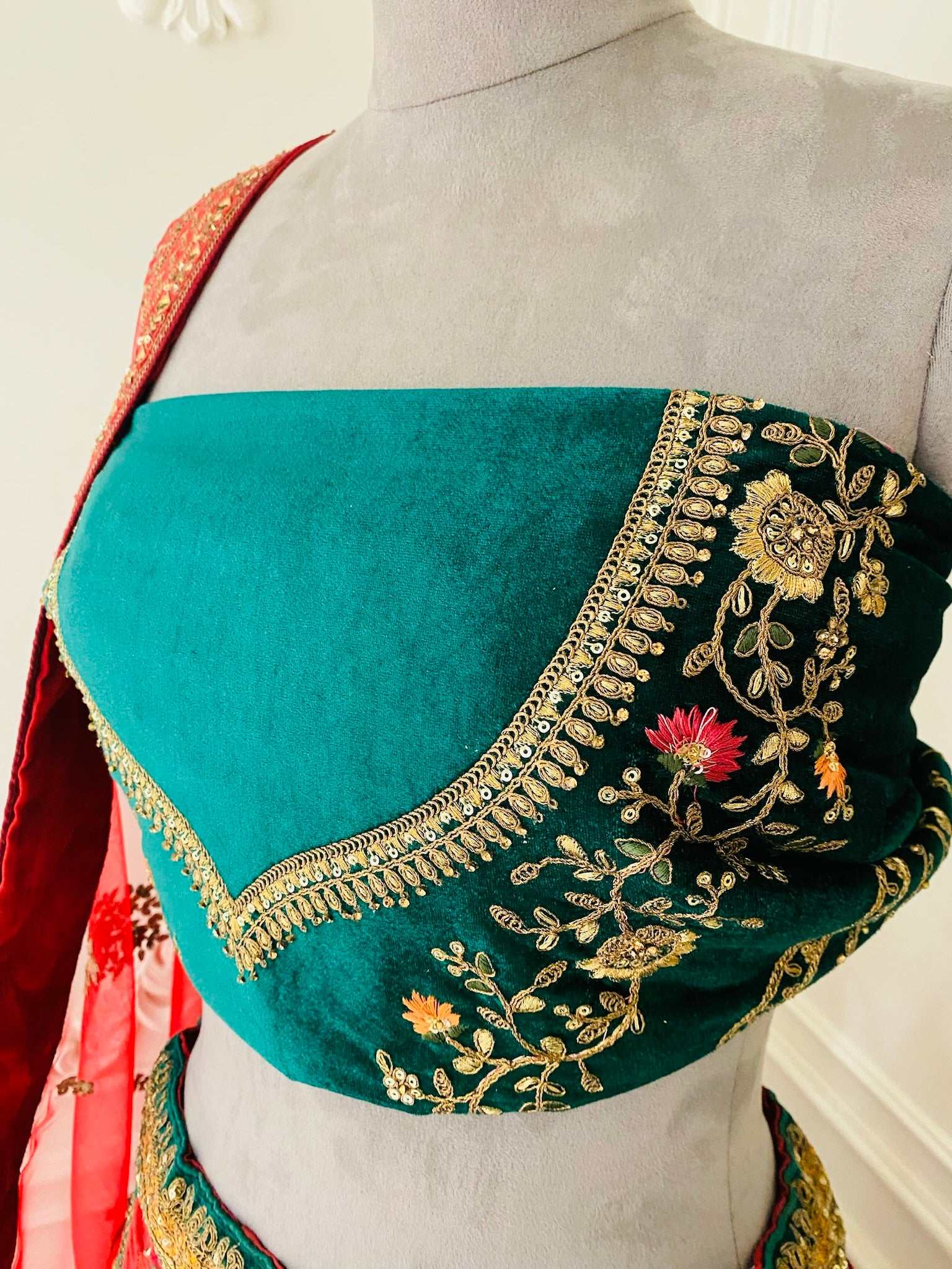 Green Red Zari Work Bridal Lehanga