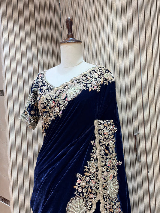 Navy blue velvet saree with ivory embroidered border by Mamta Saree - view 1