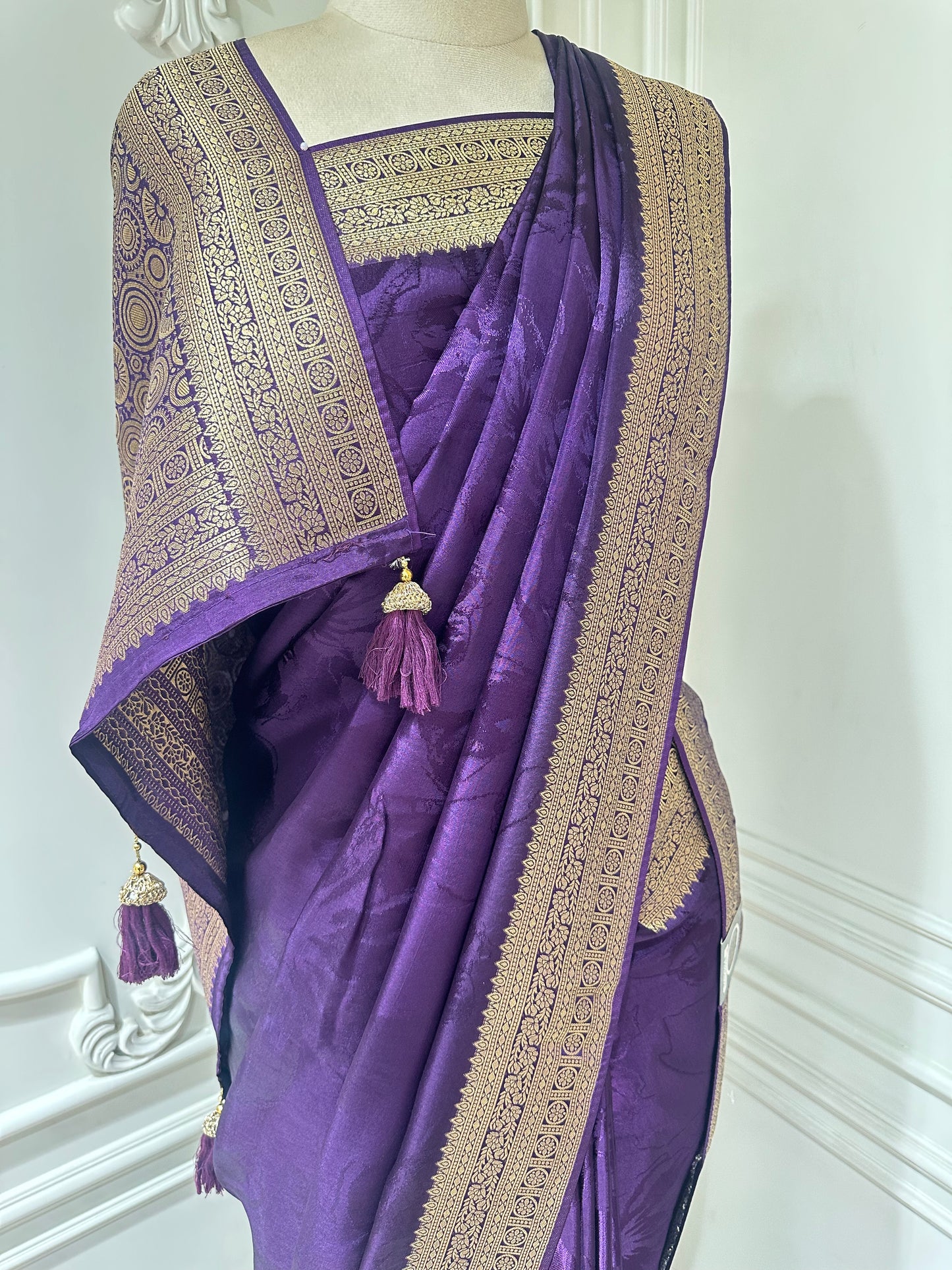 Royal Banarasi Silk Saree with Rich Gold Zari Border & Tassels