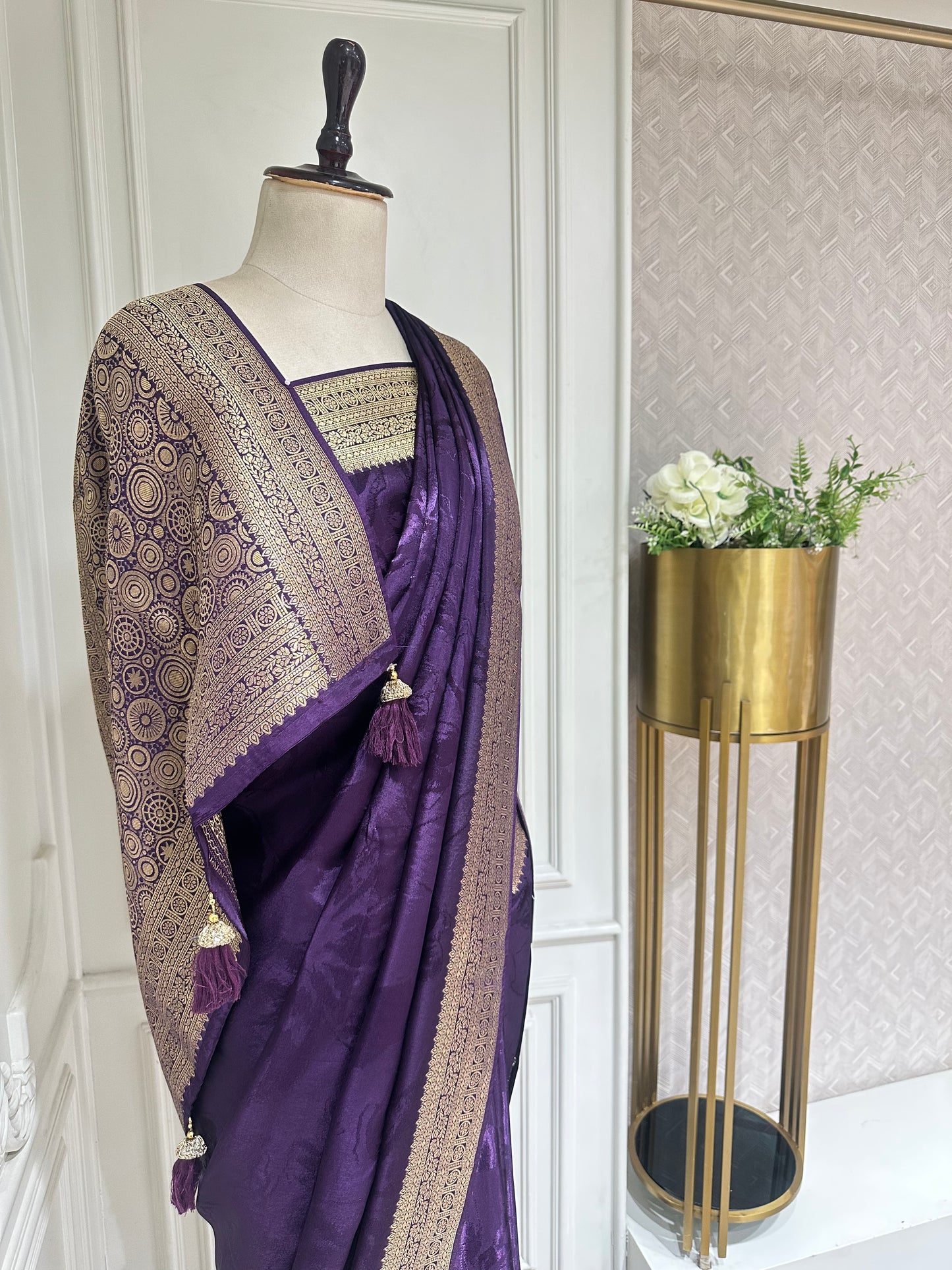 Royal Banarasi Silk Saree with Rich Gold Zari Border & Tassels
