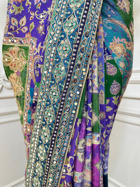 Multicolor Designer Patchwork Saree with Mirror Work & Embroidered Border