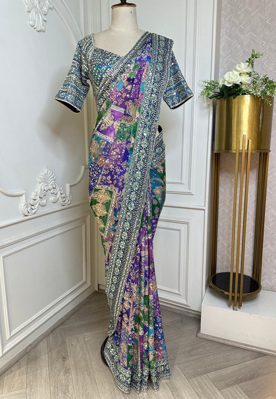 Multicolor Patchwork Saree with Mirror Work - front view