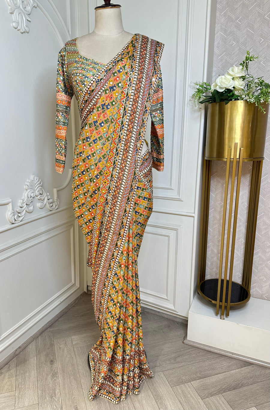 Multicolor Designer Saree with Embroidered Border - front view