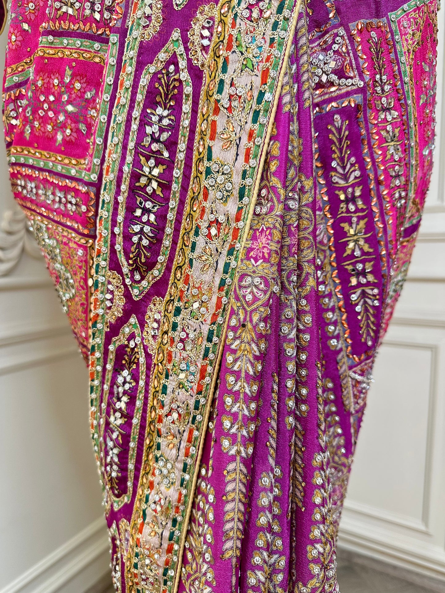Magenta Pink Designer Patchwork Saree with Mirror Work & Embroidered Border