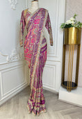 Magenta Pink Designer Patchwork Saree with Mirror Work & Embroidered Border