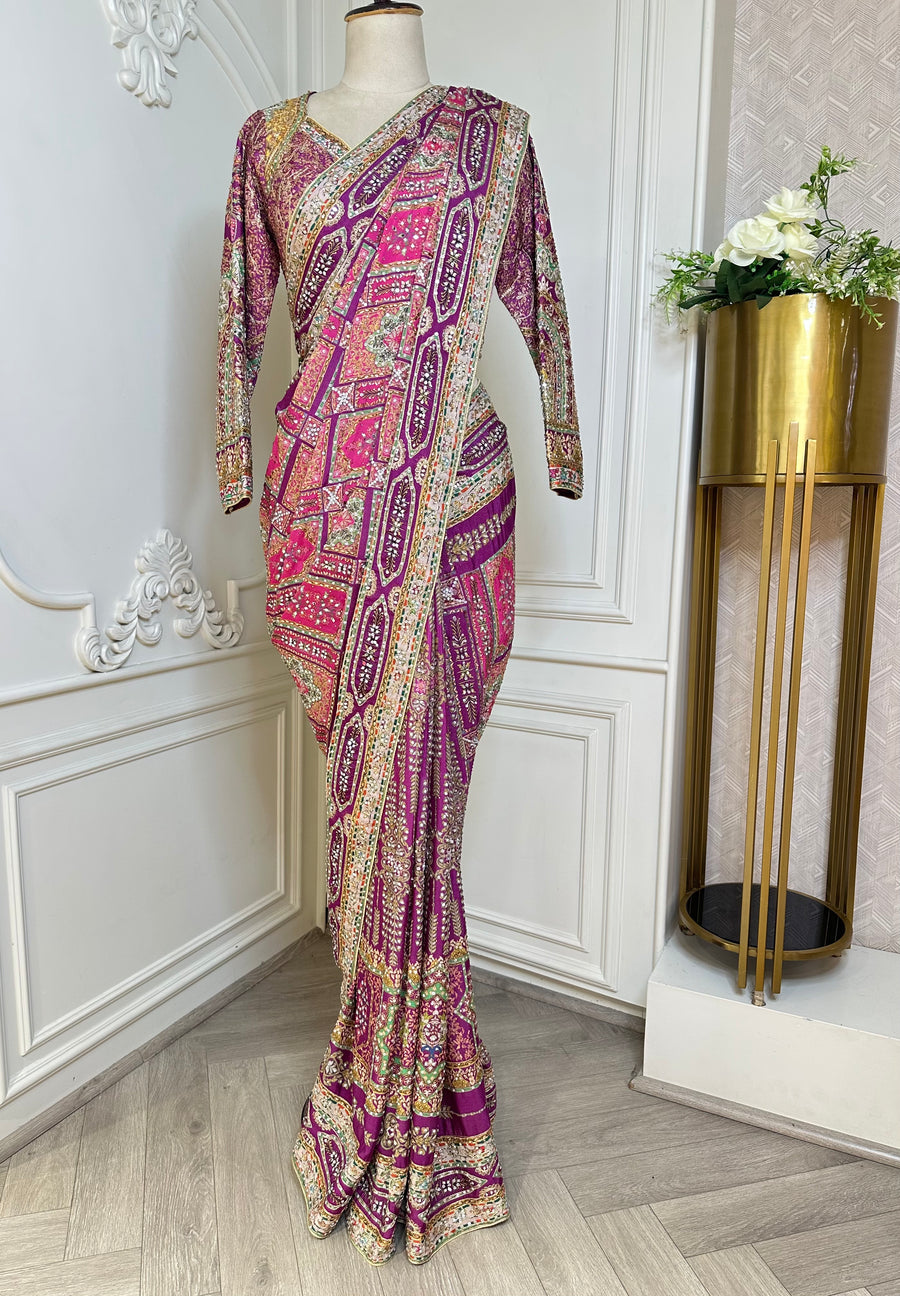 Magenta Pink Designer Patchwork Saree - front view