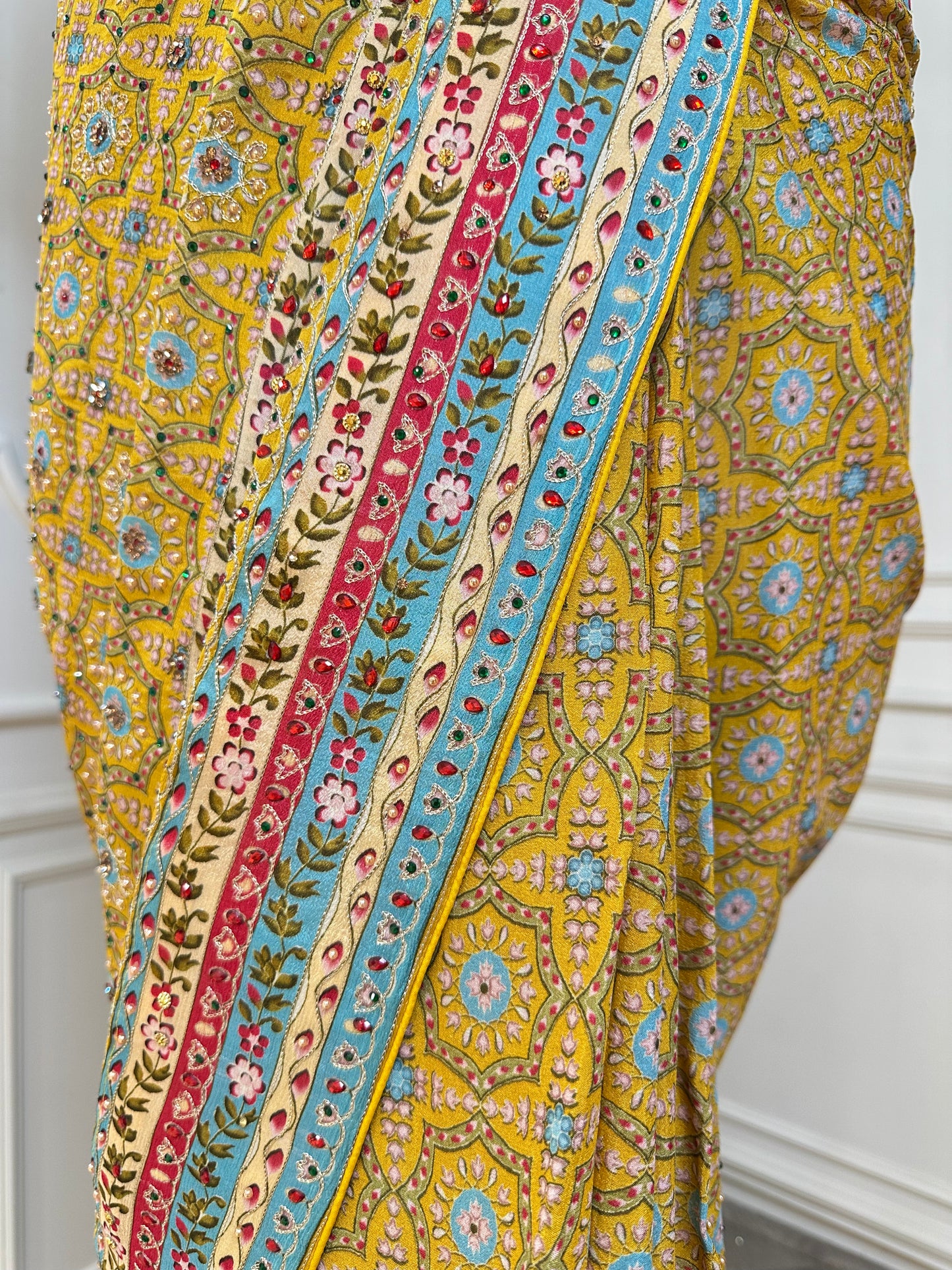 Mustard Yellow Floral Designer Saree with Mirror Work & Embroidered Border