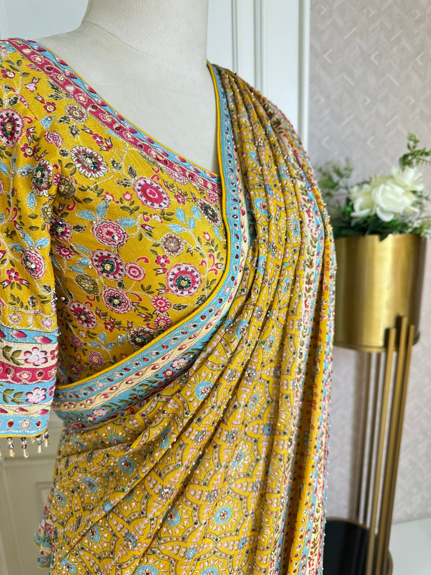 Mustard Yellow Floral Designer Saree with Mirror Work & Embroidered Border