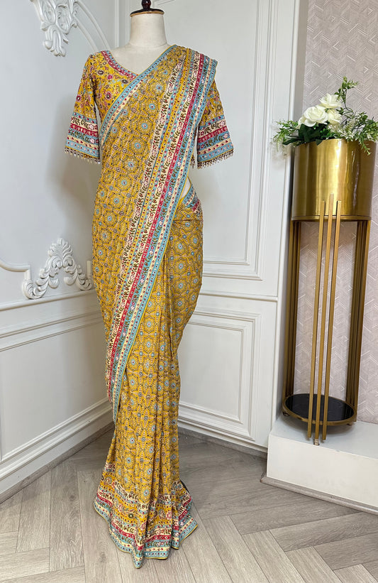 Mustard Yellow Floral Designer Saree