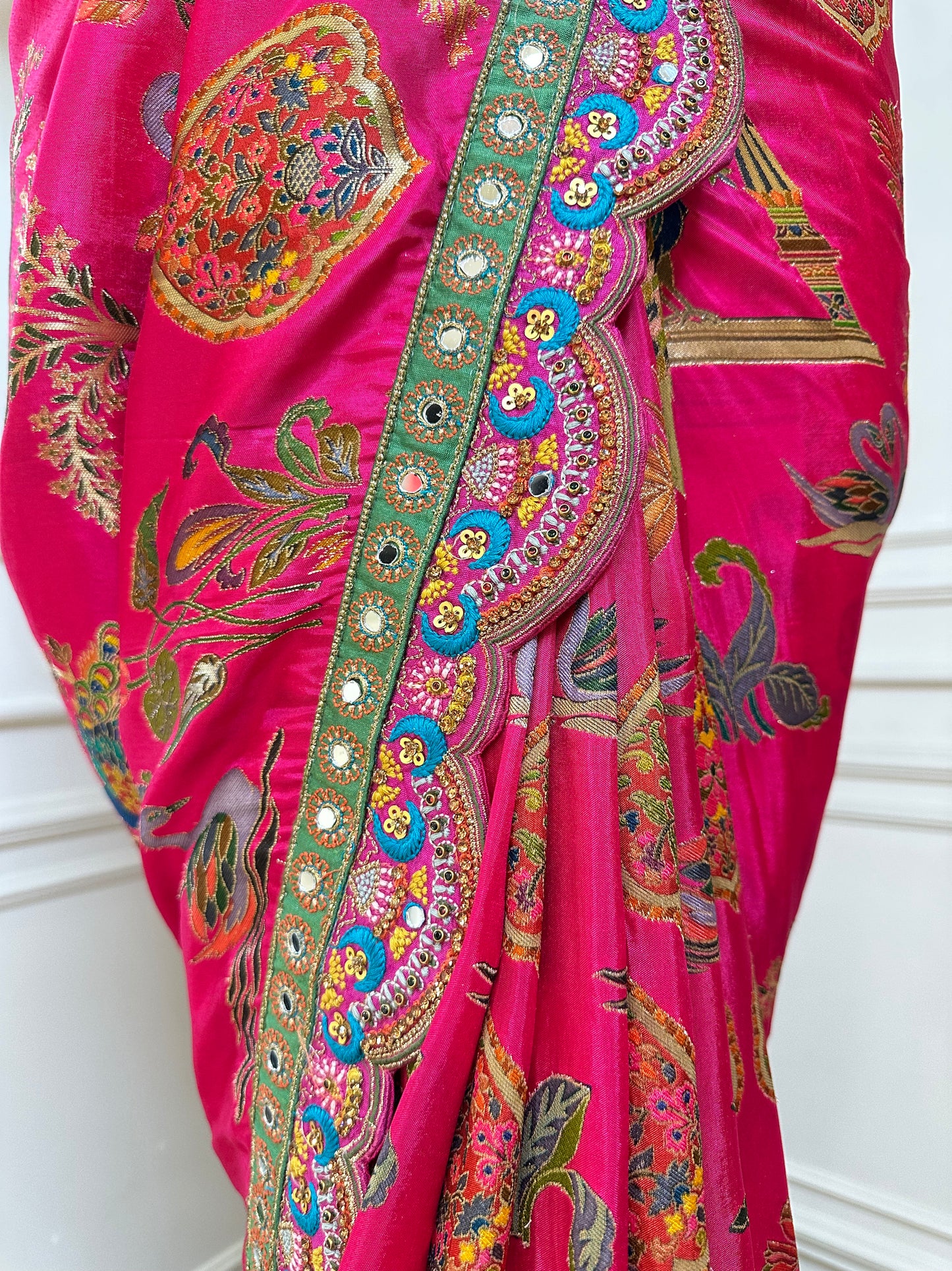 Rani Pink Peacock Designer Saree with Embroidered Scalloped Border